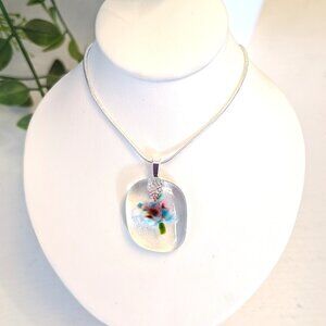 Sculptural white purple & blue flower pendant necklace, Focal piece jewelry